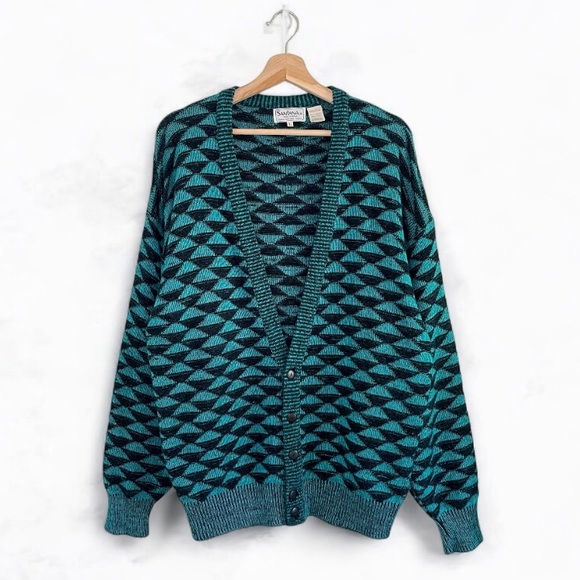 Vintage 90s Santana Cardigan Geometric Triangle Knit Sweater Green Black Large - Picture 1 of 10